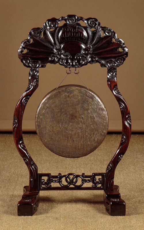 Chinese Dinner Gong with Stand Carved as a Bat C.1920