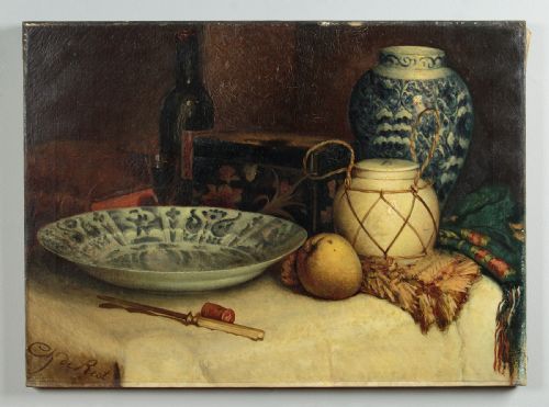 Oil Painting Still Life with Delftware C.1890