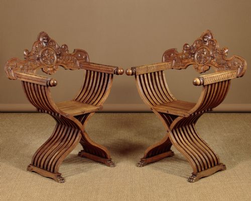 Pair of Walnut Folding Savonarola Armchairs C.1900
