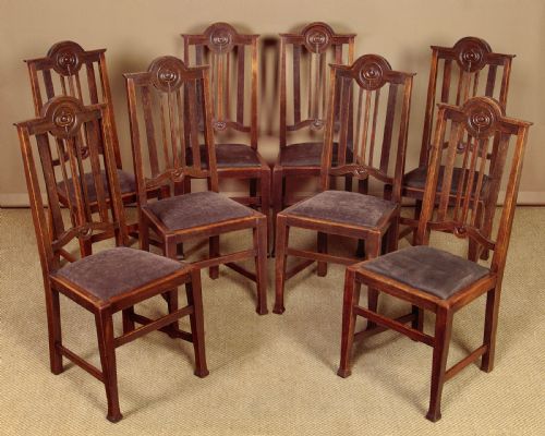 Set of 8 Oak Arts & Crafts Dining Chairs C.1910