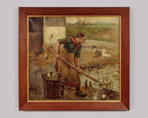 Large Dutch Farm Scene Oil Painting C.1920