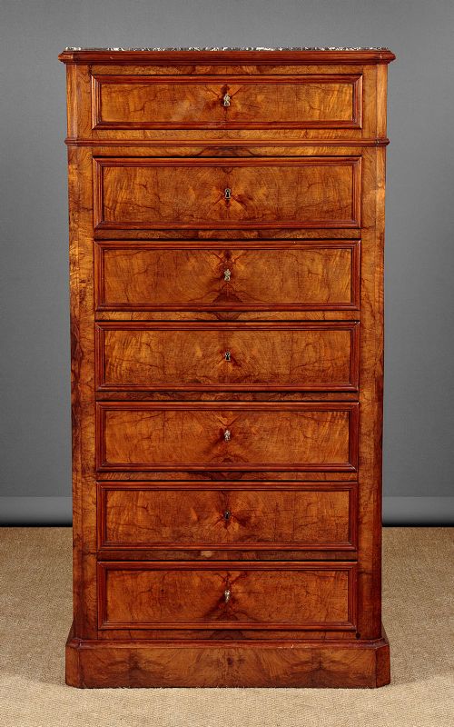 Narrow Walnut & Marble Top Semainier Chest of Drawers C.1880