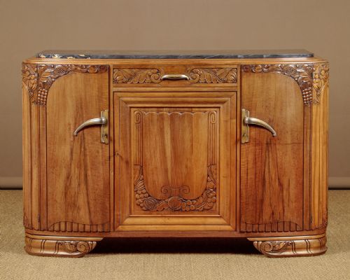 Walnut & Marble Top Art Deco Sideboard C.1930