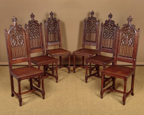 Six Carved Oak Gothic Chairs C.1880