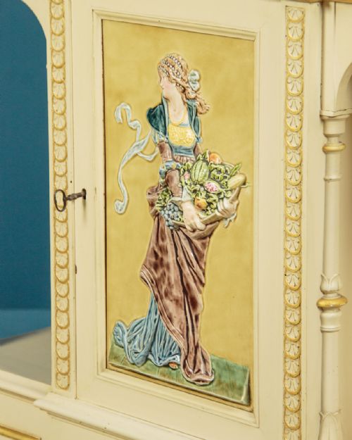 PAINTED MIRROR BACK CABINET WITH MAJOLICA PANELS C1900 - ADDITIONAL PHOTO 3