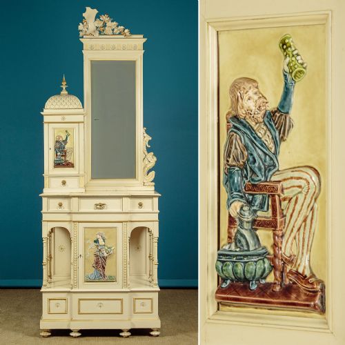 PAINTED MIRROR BACK CABINET WITH MAJOLICA PANELS C1900 - ADDITIONAL PHOTO 6