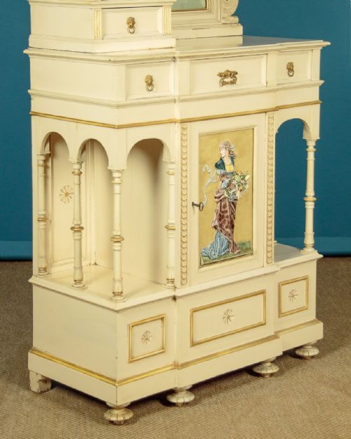 PAINTED MIRROR BACK CABINET WITH MAJOLICA PANELS C1900 - ADDITIONAL PHOTO 11