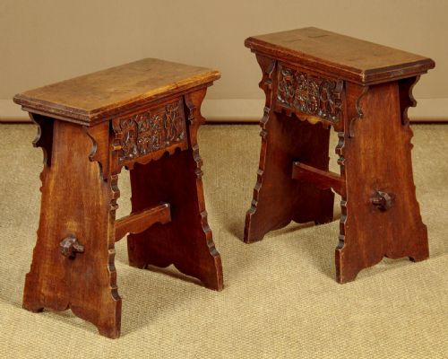 Pair of Gothic Oak Stools C.1890