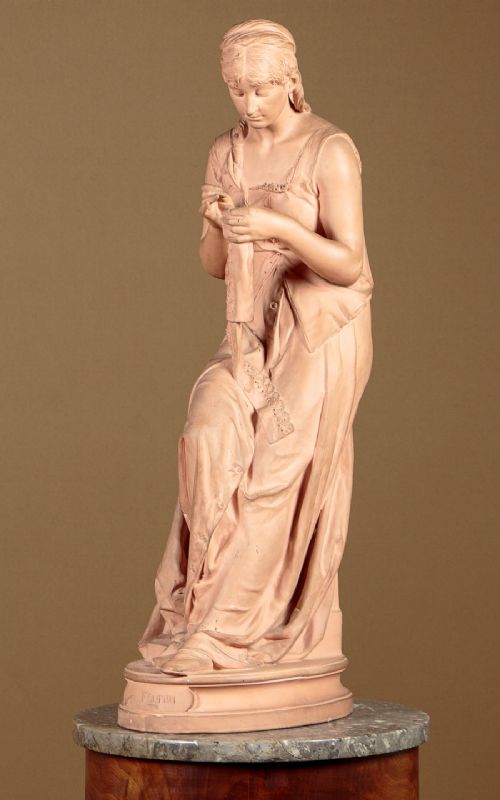 'La Fourmi' Terracotta Figure of a Woman Sewing C.1890