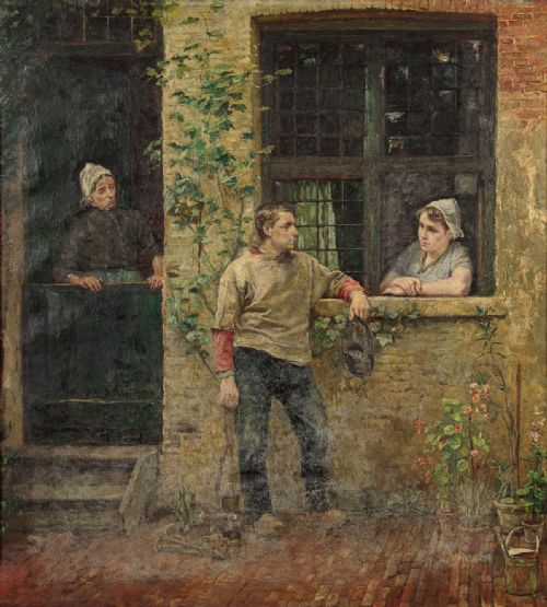 fig 1. 'L'Intrus' Large Oil Painting by Piet Verhaert dated 1890