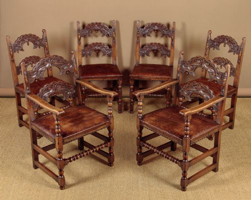Set of Six 17th.c. Style Oak & Leather Dining Chairs