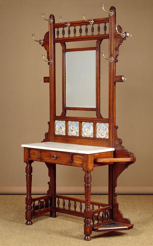 Gothic Revival Oak Hall Stand with Minton Tiles C.1870