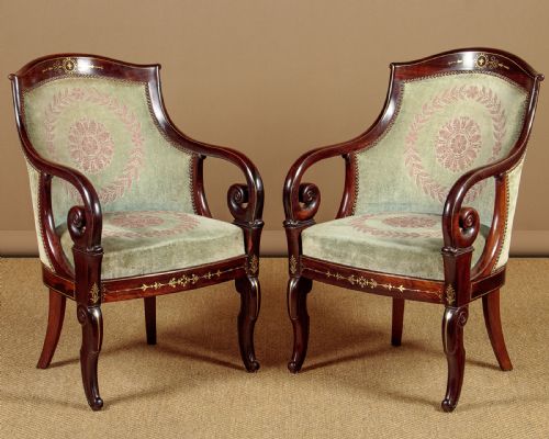 Pair of Empire Style Brass Inlaid Armchairs C.1900