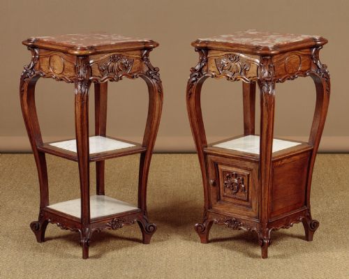 Pair of Carved Oak & Marble Top Bedside Tables C.1920