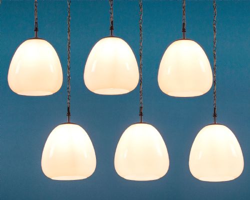 Six Large Opaline Glass Pendant Lights C.1930