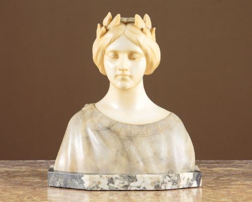 Alabaster & Marble Bust of a Woman with Laurel Leaf Crown  C.1900