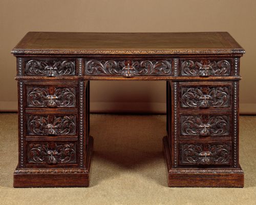 Carved Oak Pedestal Desk C.1890