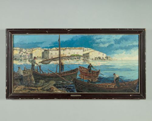 Large Oil Painting 'Les Martigues' by Francois Omer C.1930