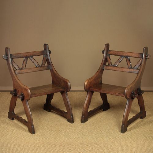 Pair of Gothic Revival Oak Hall Chairs C.1870