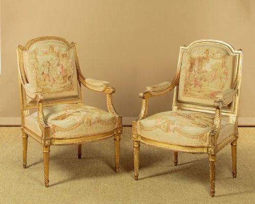 Pair of Louis Xvi Style Giltwood Armchairs with Original Tapestry Covers C.1880