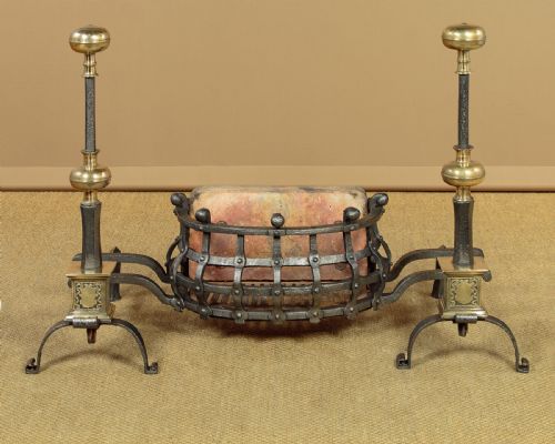Wrought Iron Fire Basket & Andirons C.1900