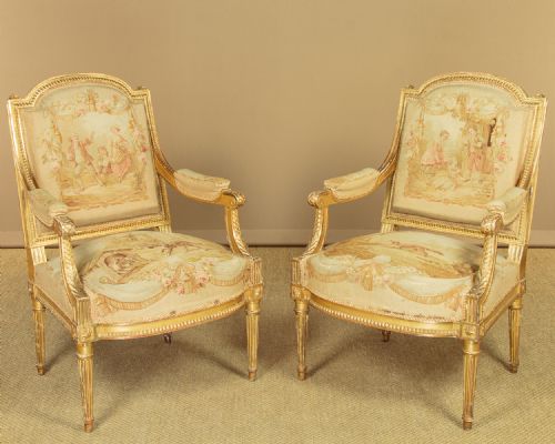 Pair of Louis Xvi Style Giltwood Armchairs with Original Tapestry Covers C.1880