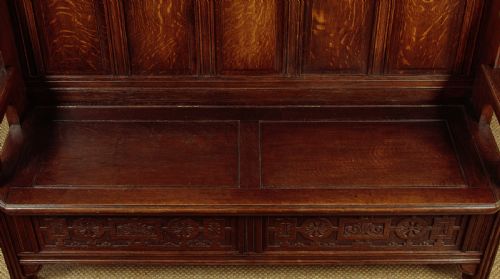 CARVED OAK CANOPY TOP BOX SETTLE C1920 - ADDITIONAL PHOTO 6