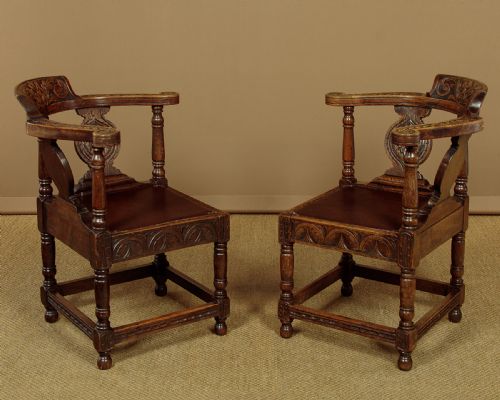 PAIR OF CARVED OAK CORNER CHAIRS C1890 - ADDITIONAL PHOTO 1