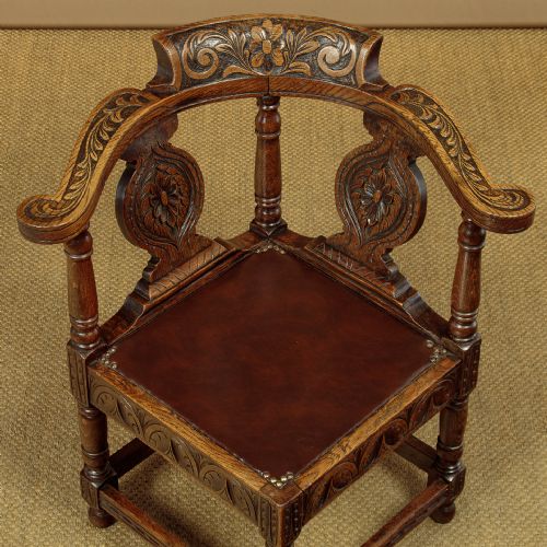 PAIR OF CARVED OAK CORNER CHAIRS C1890 - ADDITIONAL PHOTO 2