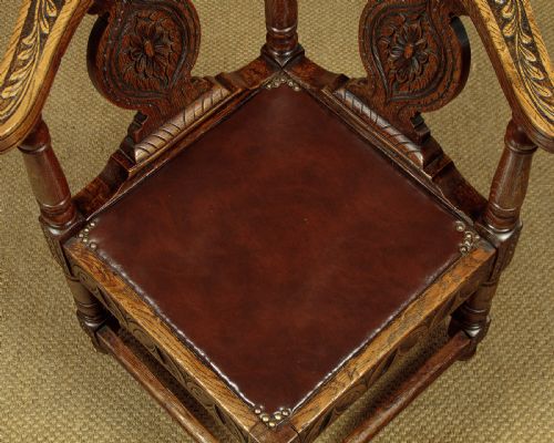 PAIR OF CARVED OAK CORNER CHAIRS C1890 - ADDITIONAL PHOTO 6