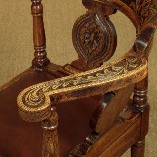 PAIR OF CARVED OAK CORNER CHAIRS C1890 - ADDITIONAL PHOTO 7