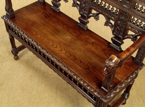 CARVED OAK HALL SEAT C1890 - ADDITIONAL PHOTO 5