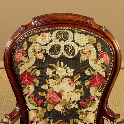 WALNUT ARMCHAIR WITH NEEDLEWORK COVERS C1880 - ADDITIONAL PHOTO 2