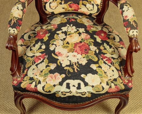 WALNUT ARMCHAIR WITH NEEDLEWORK COVERS C1880 - ADDITIONAL PHOTO 3