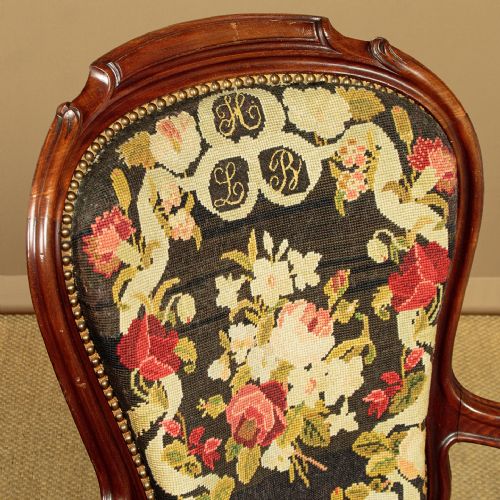WALNUT ARMCHAIR WITH NEEDLEWORK COVERS C1880 - ADDITIONAL PHOTO 4