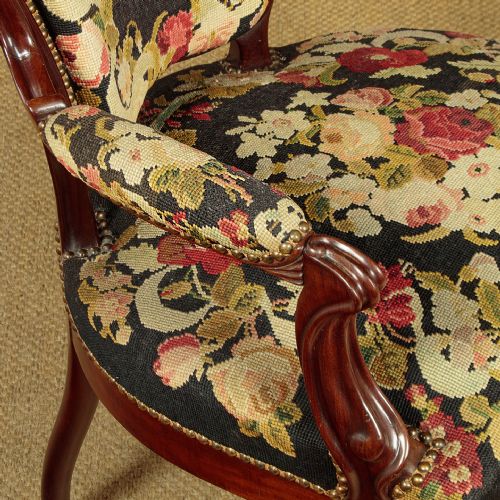 WALNUT ARMCHAIR WITH NEEDLEWORK COVERS C1880 - ADDITIONAL PHOTO 5