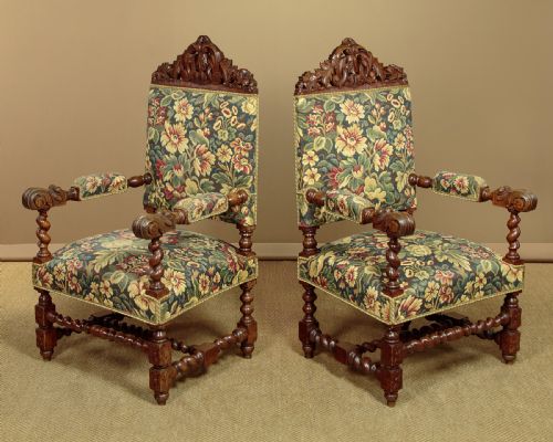 PAIR OF LARGE OAK TAPESTRY ARMCHAIRS C1900 - ADDITIONAL PHOTO 1