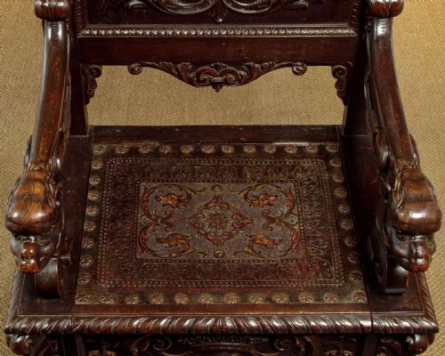 CARVED OAK THRONE CHAIR C1870 - ADDITIONAL PHOTO 8