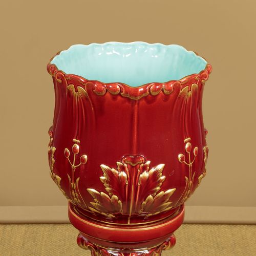 LARGE MAJOLICA JARDINIRE ON STAND C1880 - ADDITIONAL PHOTO 3