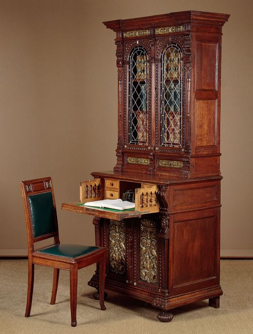 SMALL OAK SECRETAIRE BOOKCASE WITH BRASS PANELS C1880 - ADDITIONAL PHOTO 1