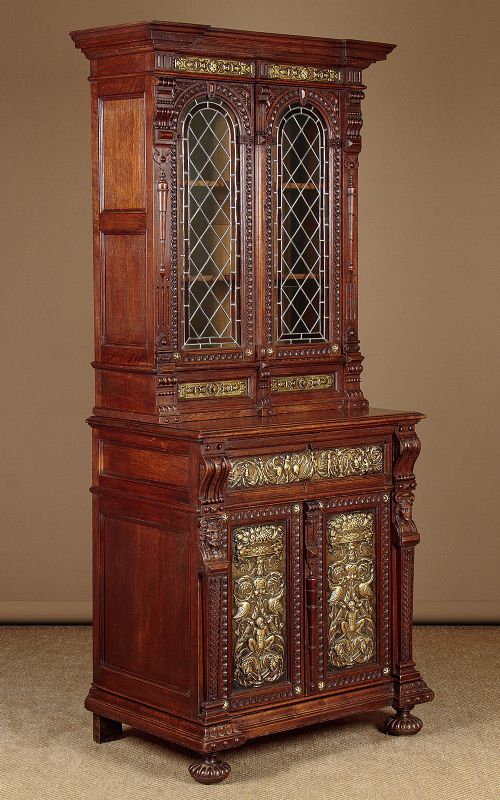 SMALL OAK SECRETAIRE BOOKCASE WITH BRASS PANELS C1880 - ADDITIONAL PHOTO 2