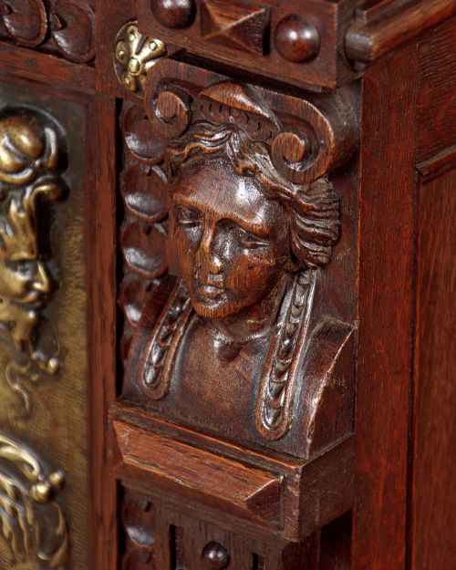 SMALL OAK SECRETAIRE BOOKCASE WITH BRASS PANELS C1880 - ADDITIONAL PHOTO 11