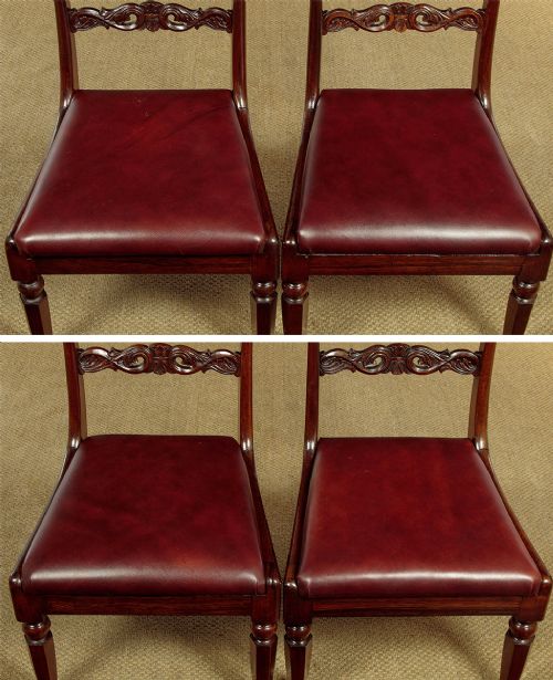 A set of four Regency rosewood dining chairs with carved scroll crest rails, turned front legs, and deep red leather drop-in seats. View X