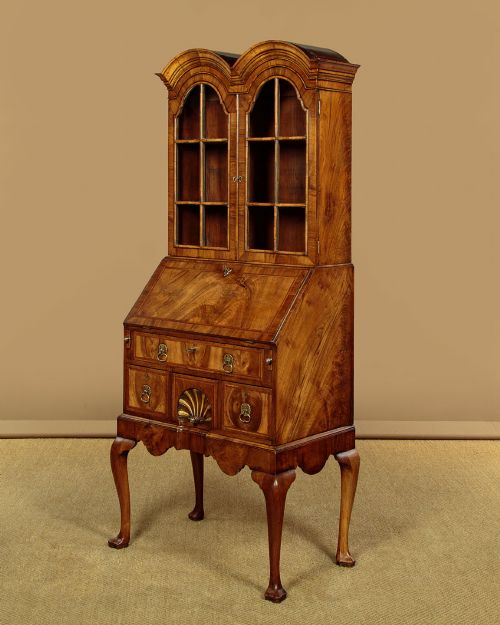 SMALL QUEEN ANNE STYLE WALNUT BUREAU BOOKCASE C1930