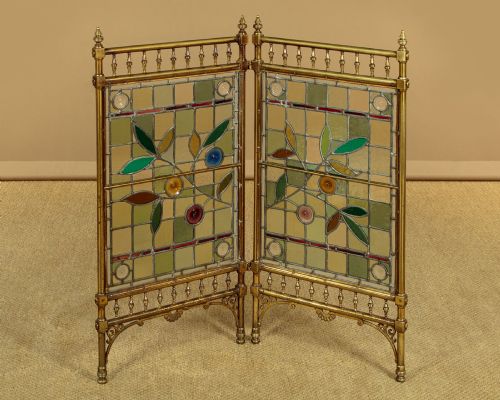 Brass & Leaded Glass Fire Screen C.1880