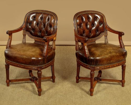 Pair of Walnut & Leather Armchairs C.1910