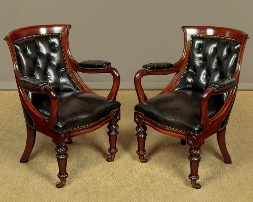 PAIR OF MAHOGANY LEATHER LIBRARY CHAIRS C1830
