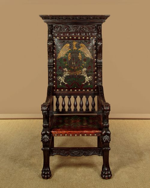 RENAISSANCE STYLE CARVED OAK PAINTED LEATHER THRONE CHAIR C1910 - ADDITIONAL PHOTO 1