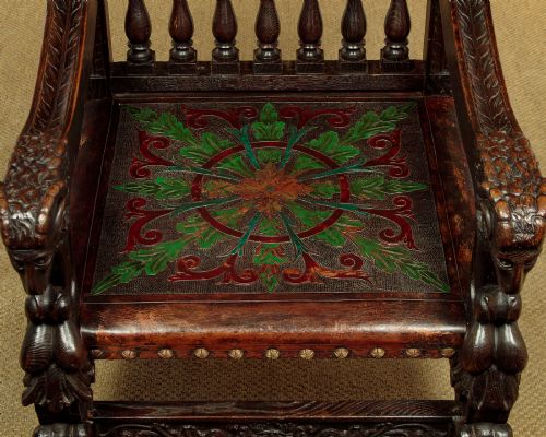 RENAISSANCE STYLE CARVED OAK PAINTED LEATHER THRONE CHAIR C1910 - ADDITIONAL PHOTO 6