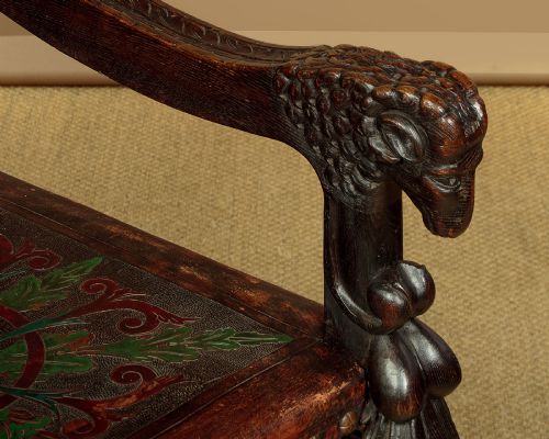 RENAISSANCE STYLE CARVED OAK PAINTED LEATHER THRONE CHAIR C1910 - ADDITIONAL PHOTO 8